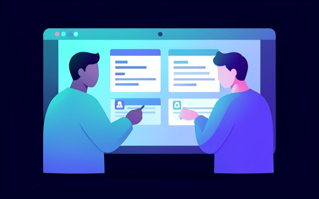Two people reviewing code together on a screen