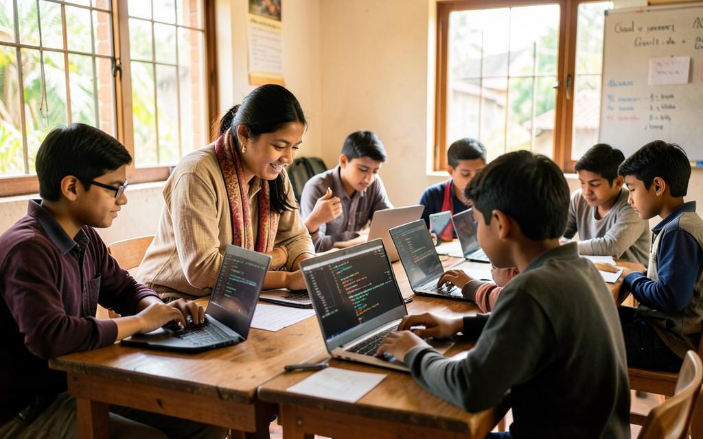 Mentor teaching teenage students to code on laptops in a classroom