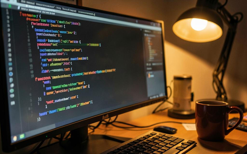 Developer workspace with open source code on screen and a warm desk lamp